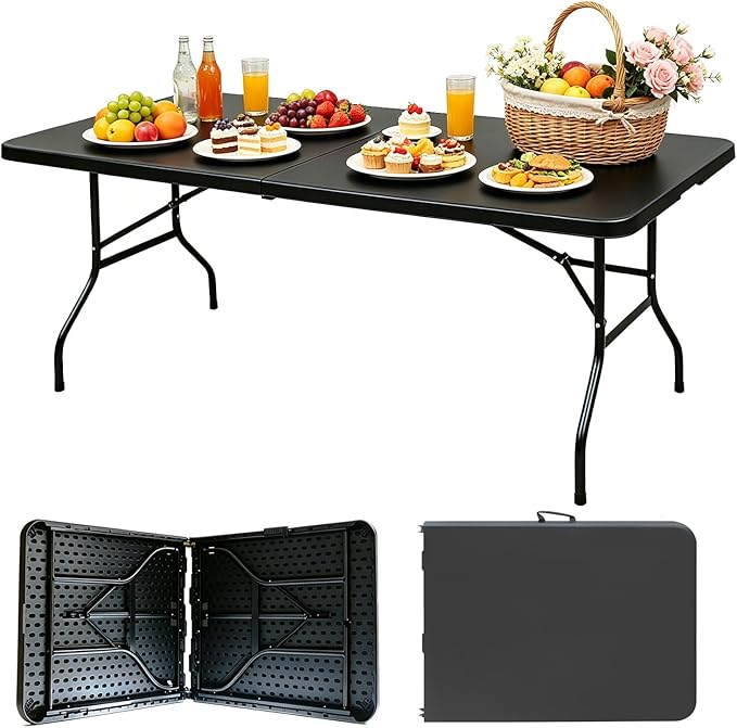 Portable Plastic Folding Table 4ft/6ft/8ft Heavy Duty White Black Picnic Dining Table Fold-in-Half for Camp Party Kitchen Indoor Outdoor