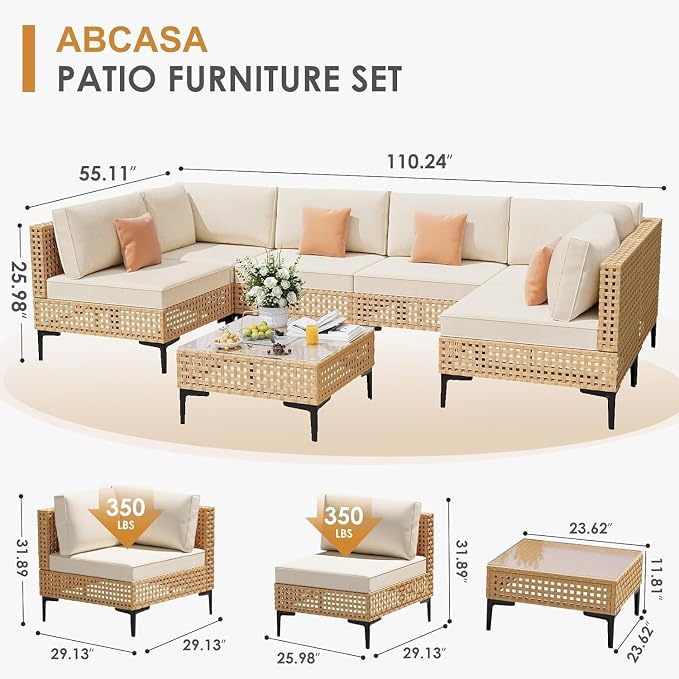 7-Piece Patio Furniture Set 110" Large Wicker Outdoor Sectional Sofa with Coffee Table, Boho Style Conversation Set Featuring All-Weather Cushions for Backyard, Porch, and Garden Use