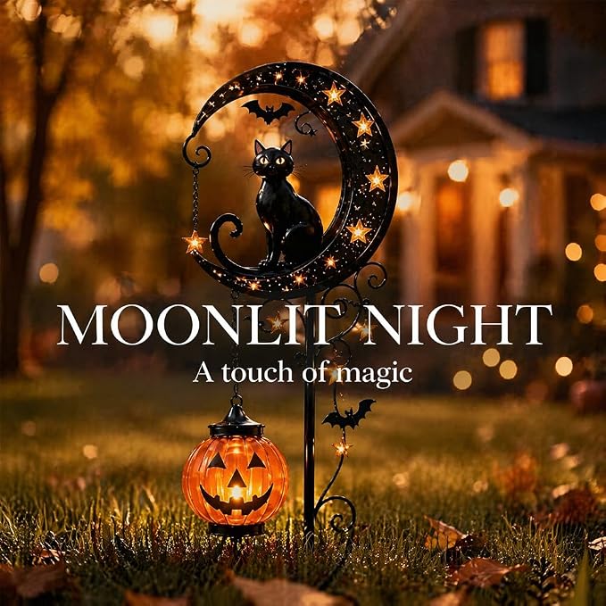 Solar Halloween Black Cat & Pumpkin Moon Garden Stake Light, Outdoor Waterproof LED Yard Decoration with Crescent Moon, Hanging Jack-o'-Lantern Lantern for Garden, Patio, Walkway, Porch (Style A B)