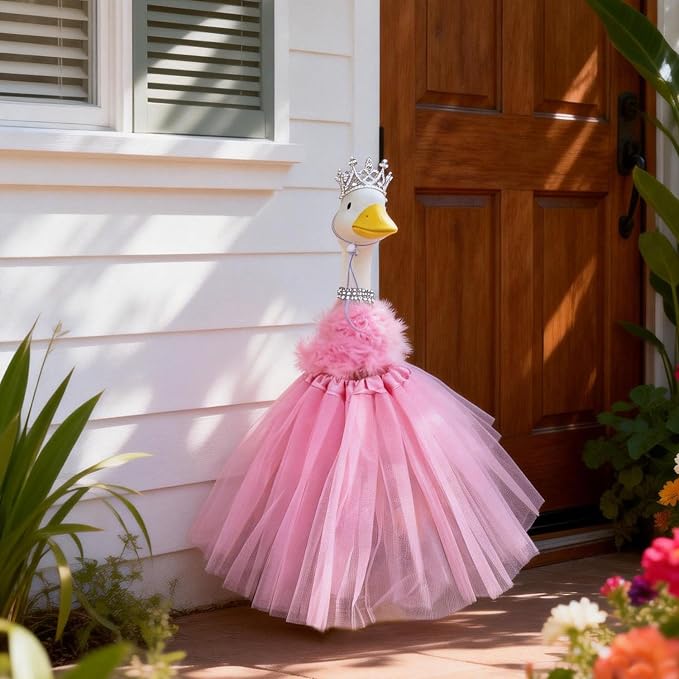 Porch Goose Statue with Princess Outfits Garden Decoration - 20" Large White Lawn Goose Statues Costume Crown Necklace Tutu Skirt Feather Trim for Indoor and Outdoor Garden Lawn Art Decor (Pink)