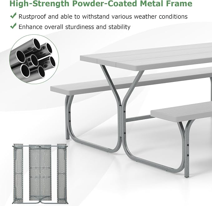 Tangkula 6 Ft Picnic Table with 2 Built-in Benches, Umbrella Hole, Metal Frame & HDPE Tabletop, 8-Person Large Table and Bench Set for Garden, Backyard, Patio (Grey)