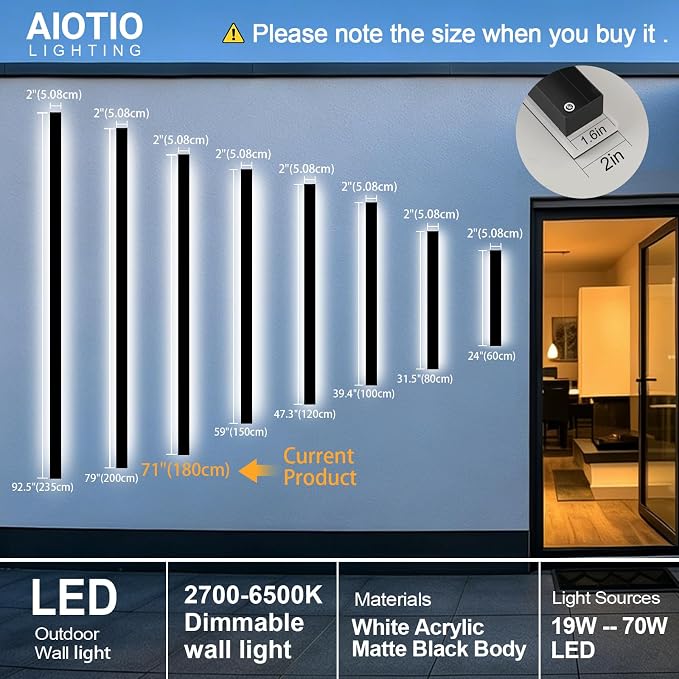 AioTio Porch Wall Lights,70.8inch Dimmable Long Strip Modern Exterior Light Fixtures Wall Mount,Black Linear Outdoor Wall Light Fixture IP65 Waterproof,Outside Lighting for House,Corridor