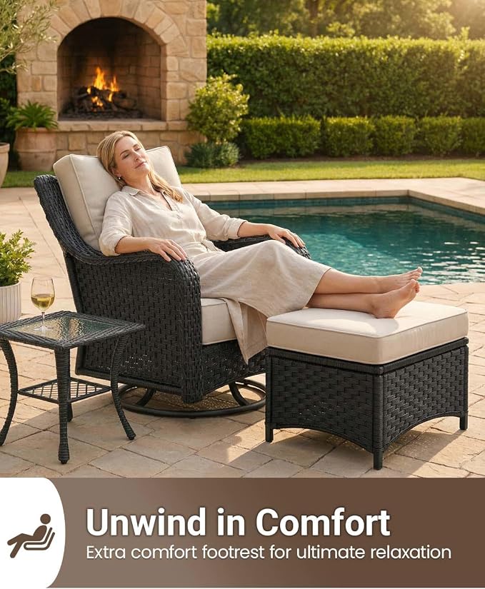 7 Pieces Outdoor Furniture Set with 6-inch Cushions, High Back Wicker Swivel Rocker Chairs with Fire Pit Table, Luxury Conversation Set for Deck Patio and Poolside