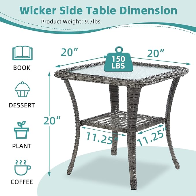MEETWARM Wicker Outdoor Side Table, All-Weather Patio Rattan Side Table with Tempered Glass Top and Storage Shelf, Small Patio End Table for Outside Indoor Outdoor Balcony Porch Deck, Gray