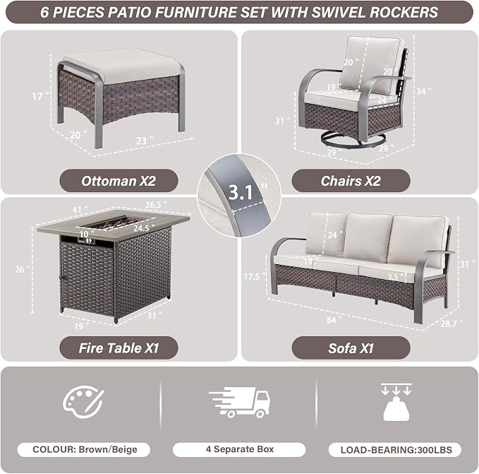 Belord Patio Furniture Set with Fire Pit Table - 50000 BTU Propane Fire Pit, 6 Piece Outdoor Conversation Furniture Sets with 2 Swivel Rocker Chair Rattan Sofa Perfect for Casual Gathering