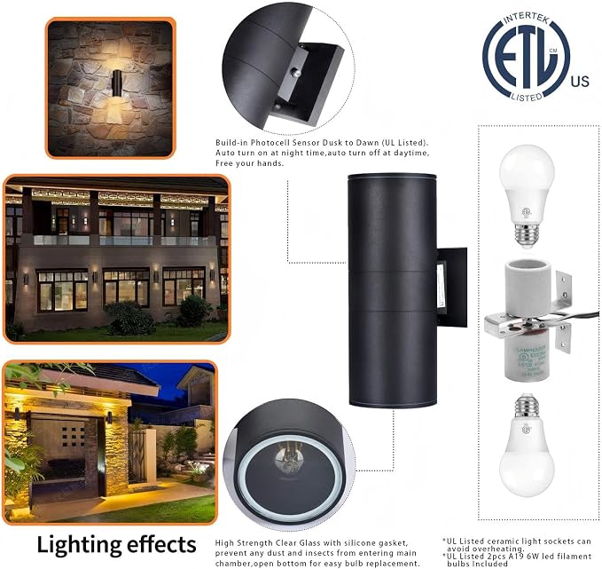 Dusk to Dawn Outdoor Lighting, Cylinder Up Down Wall Sconce | Exterior Light Fixture Outdoor Wall Lights with A19 Bulbs Included, ETL Listed Black Fixture for Garage ,Porch,Front Door