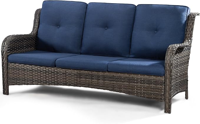Patio Furniture Set 5-Piece Wicker Outdoor Furniture Conversational Set with 3-Seat Sofa, 2 Armchairs, 2 Ottoman Patio Rattan Wicker Sectional Sofa Set with Olefin Cushions, Blue