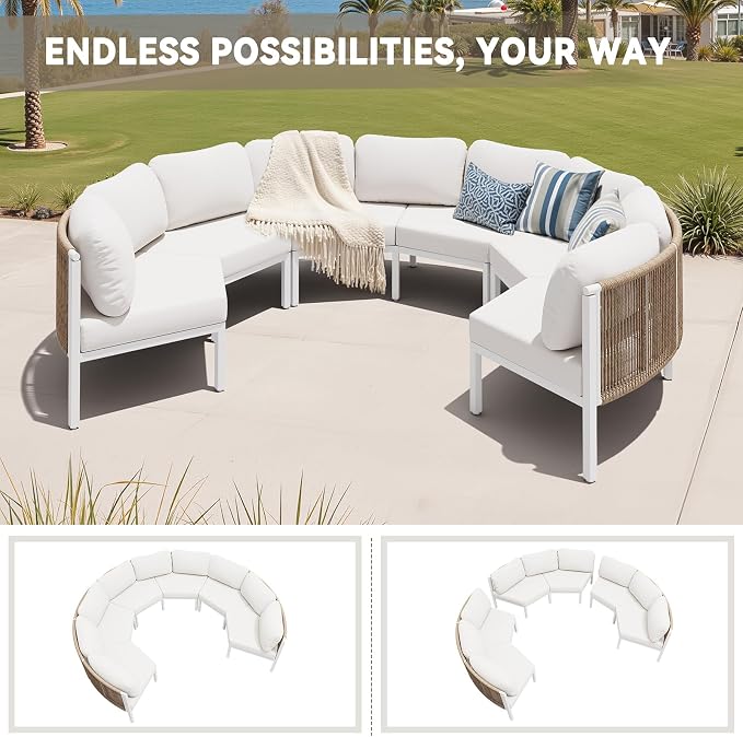 Crestlive Products Curved Patio Furniture Set, Modular Half Moon 6-Seater Sofa, Aluminum Outdoor Sectional with 5-Inch Water-Resistant Cushions, All Weather Couch for Backyard, Deck, Porch, Poolside