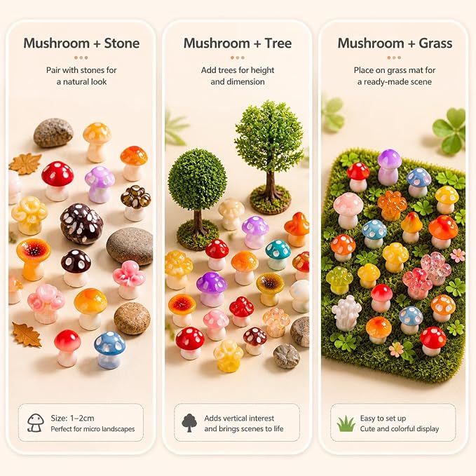 72pcs Mini Mushrooms, Tiny Resin Mushroom Figurines Small Little Resin in Bulk for Miniature Landscape Aquarium Potted Fairy Garden Home Decor Accessories Party Favors Gifts