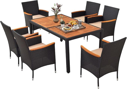 Tangkula 7 PCS Outdoor Dining Set, Patio Conversation Set with Acacia Wood Tabletop, Umbrella Hole, Removable Seat Cushions, Wicker Dining Table & Chair Set for Garden Yard Poolside