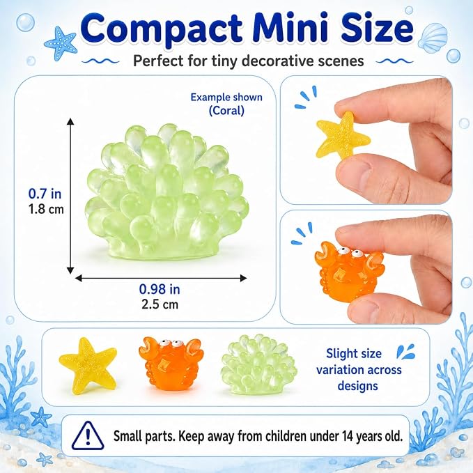 50Pcs Mini Resin Sea Animals Figurines, Tiny Ocean Figures Variety Pack, Small Luminous Bulk Glow in the Dark, Miniature Sea Creatures for Crafts Tank Aquarium Garden Mini Landscaping Decor