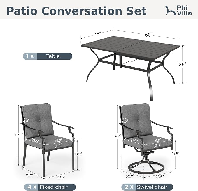 PHI VILLA 7pc Outdoor Dining Set w/Metal Table & Chairs, Gray | 60" wrought iron table w/ umbrella hole. Swivel & fixed chairs for 6. Furnitre set for patio, deck, porch, backyard