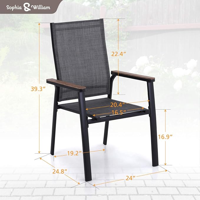 Sophia & William Patio Dining Chairs Set of 6, Stackable Aluminuum Frame | Grey textilene, Weather-resistant, light-weight & space-saving, Breathable & quick-drying, Outdoor deck backyard porch