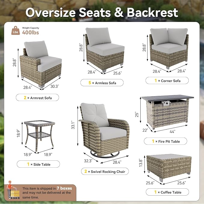 LET'S PATIO Luxury Patio Furniture Set with Fire Pit Table，13 Piece Outdoor Furniture Sectional Set with Swivel Rocker Chairs of 2，All-Weather Patio Sectional Sofas with Thickened Cushions, Grey