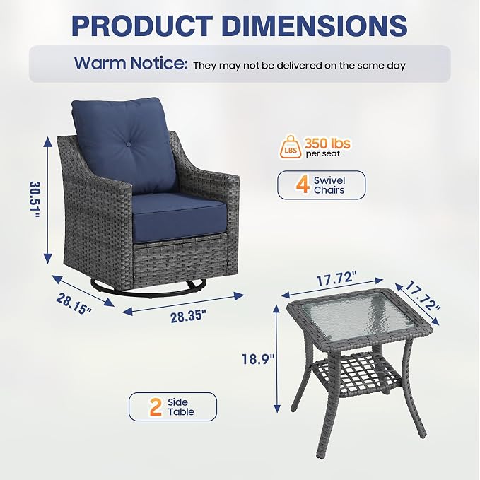 6 Piece Patio Furniture Set, 360°Swivel Glider Patio Chairs Set of 4, Outdoor Side Table Set of 2, Comfortable Seating with Thick Cushions, All-Weather Wicker Patio Set For Porch Deck Balcony Garden