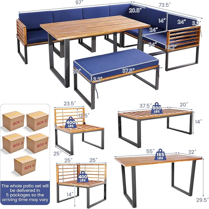 Tangkula Patio Dining Set for 8, Acacia Wood Heavy Duty L Shaped Outdoor Sectional Sofa Set with Soft Padded Cushions, for Backyard Poolside Deck Garden (Navy Blue)