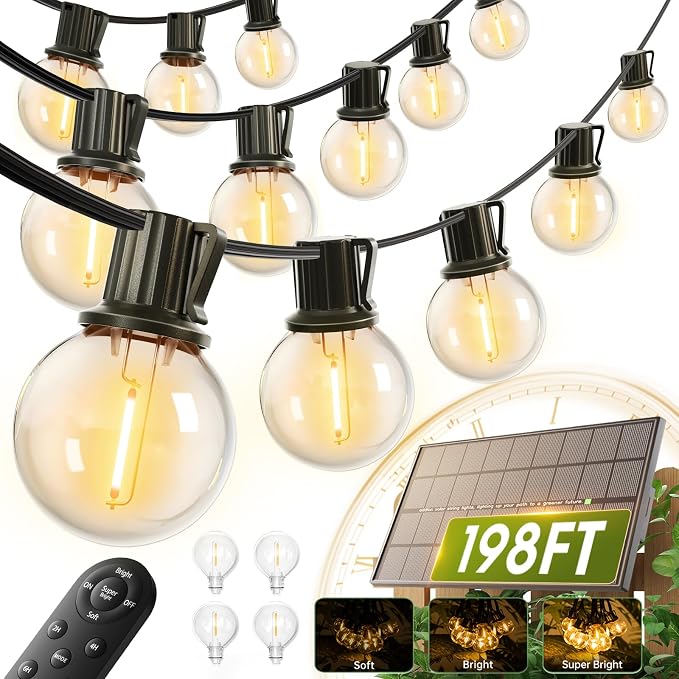 addlon 198FT Solar String Lights Outdoor, Waterproof, USB Charging | Dimmable, 3 Light Modes, Remote, 60+4 G40 LED Bulbs, Easy Install, for Large Backyard, Garden, Porch, Wedding, Party, Camping