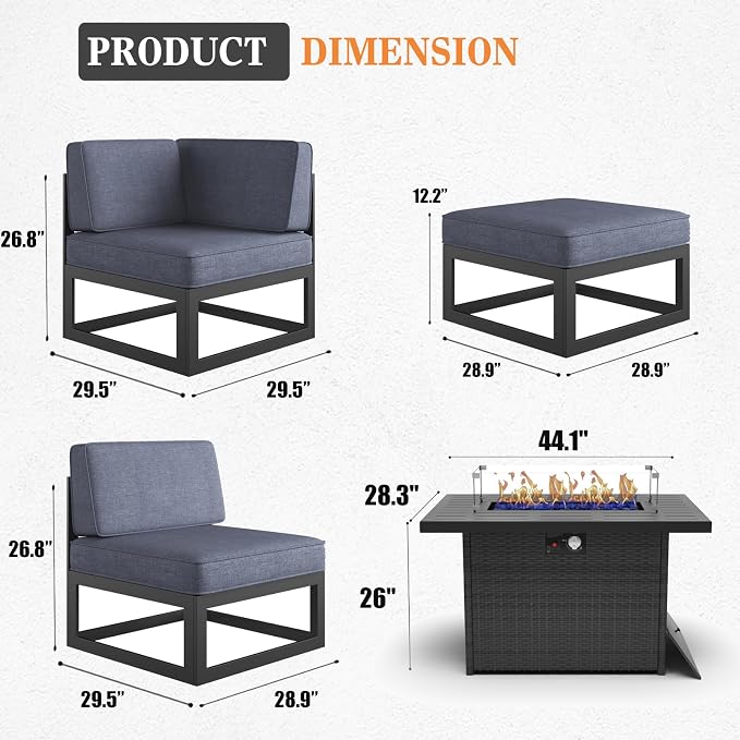 9 Pieces Aluminum Patio Furniture Set with Propane Gas 44" Fire Pit Table, Metal Outdoor Conversation Sofa Set with Seating Cushions