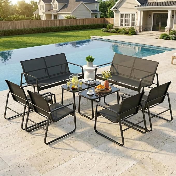 Gizoon 8 Pieces Outdoor Patio Furniture Set, 2 Bench Loveseat + 4 Single Armchairs + 2 Tempered Glass Coffee Tables, Metal Frame Patio Conversation Set for Backyard Poolside Porch, Black