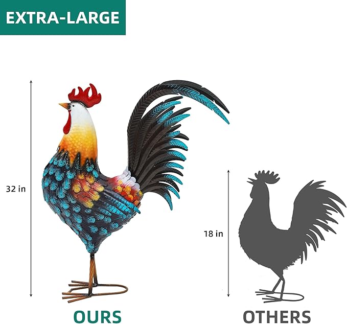 32" Majestic Metal Rooster Yard Decor, Large Outdoor Garden Statue | Outdoor Chicken Sculpture, 3D Hand-Painted, Rustic Farmhouse Style, Weather-Resistant Iron, Backyard Patio Lawn Garden