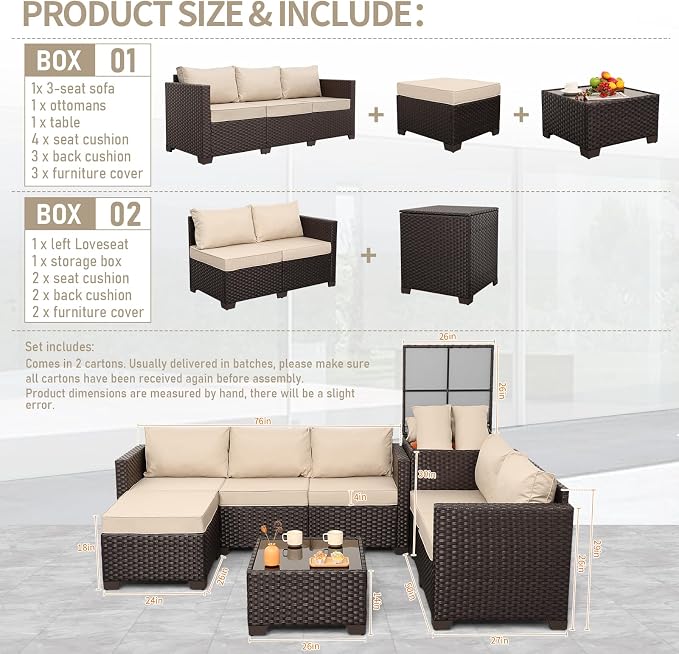 Valita 5 Pieces Brown Wicker Patio Furniture Set Outdoor Sectional Conversation Sofa Set with Storage Bin and Glass Table with Non-Slip Cushions Furniture Covers, Beige