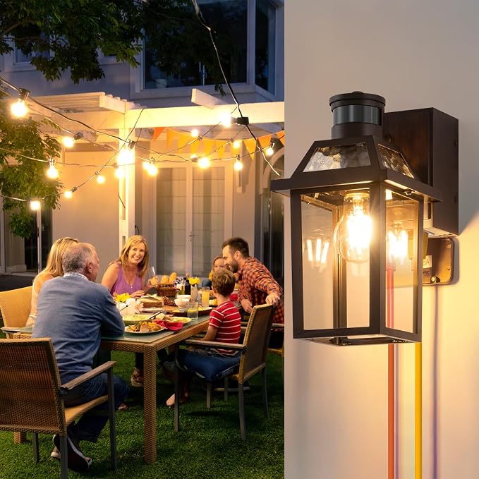 Yisuro Porch Lights with GFCI Outlet, Dusk to Dawn Motion Sensor Outdoor Light, 3 Lighting Modes Exterior Fixture, Outside for House Front Door Patio Garage(2 Pack Brown)