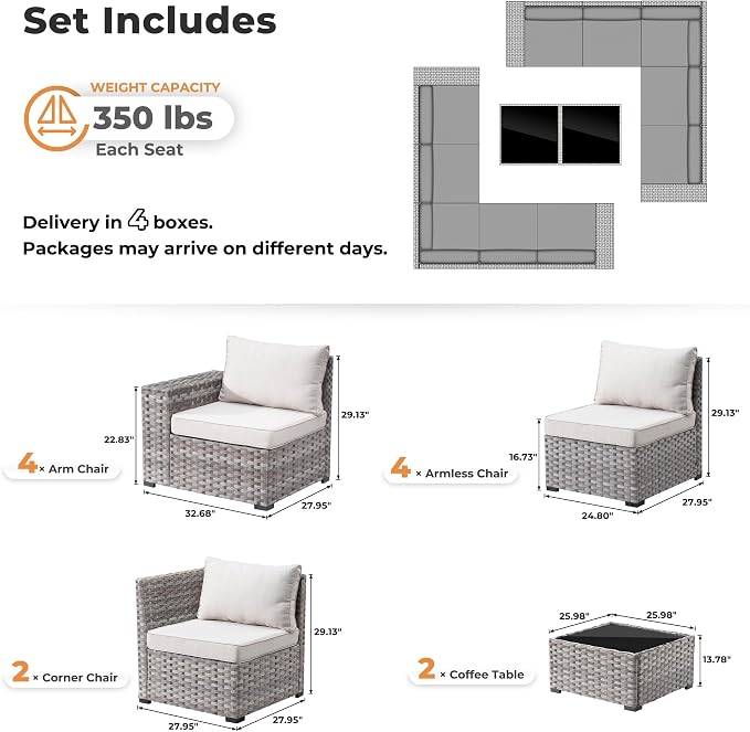 ovios 12 Pieces Patio Furniture Set, Outdoor Wicker Sectional Sofa with Coffee Table Comfy Cushions, Modern Modular Deep Seat Couch Rattan Conversation Set, Beige