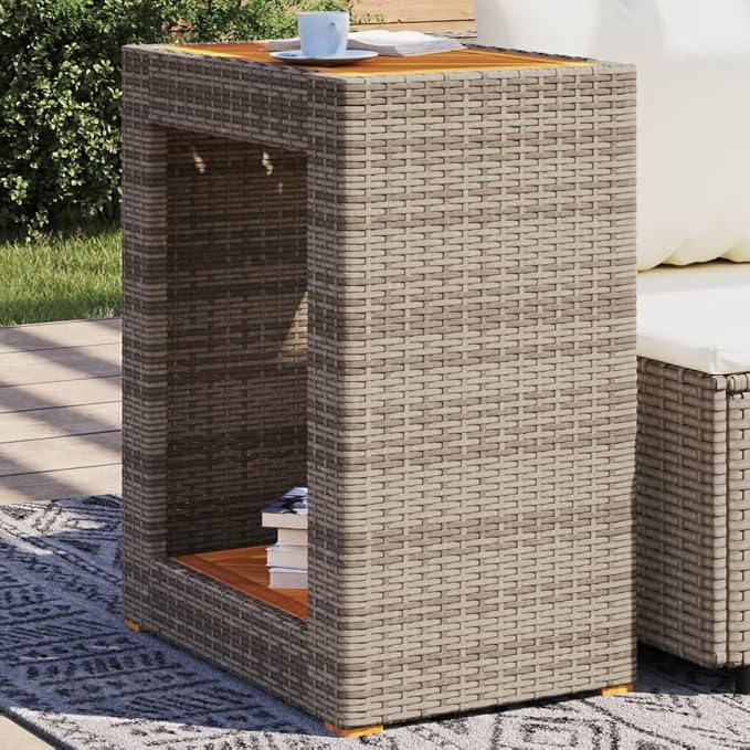 Patio Side Table with Wooden Top Gray 23.6"x15.7"x29.5" Poly Rattan Coffee End Table Outdoor Furniture for Garden, Patio, Backyard, and Living Room