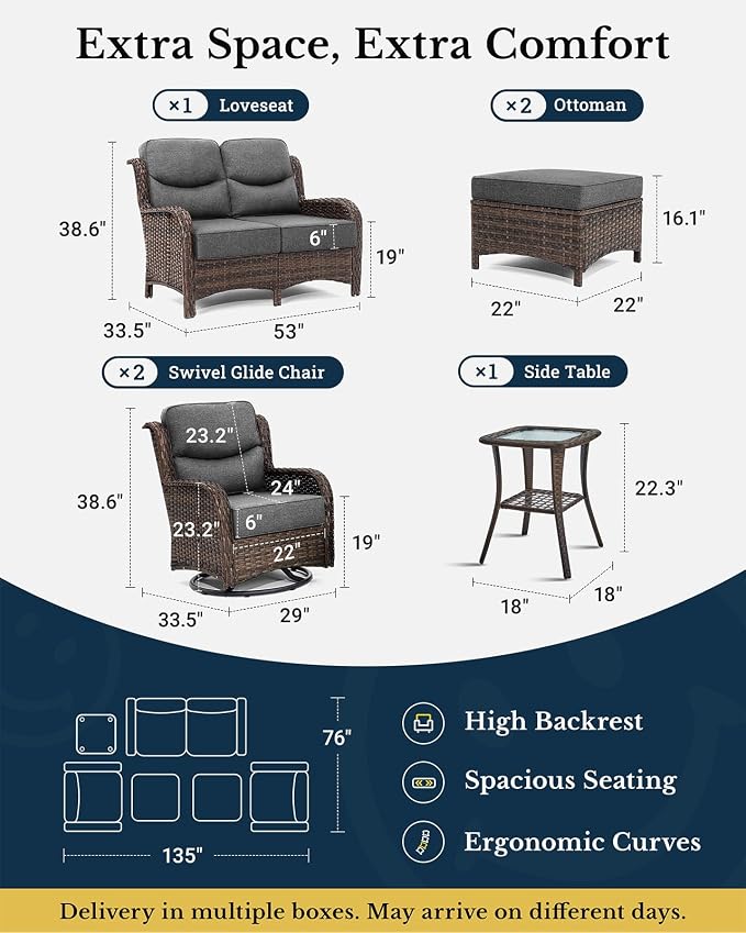 HILLGA 6-Piece Luxury Patio Furniture Set with 6" Thick Cushions, Weather-Resistant Wicker High Back Swivel Rocker Chairs, Senior-Friendly Outdoor Loveseat Set for Deck, Yard and Poolside, Gray(V2)