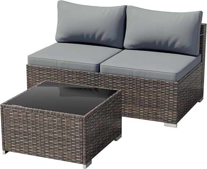 Tradare 3 Piece Patio Furniture Set, Outdoor Wicker Patio Sofa Set, PE Rattan Sectional Couch with Glass Table and Grey Cushions, All-Weather 3 Piece Outdoor Patio Furniture Sets, Brown