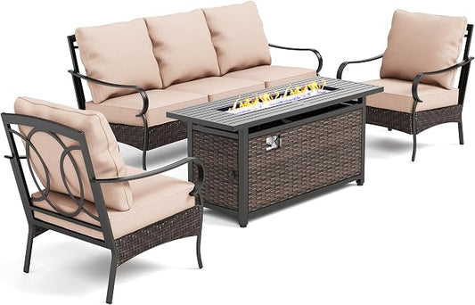 PHI VILLA Outdoor Patio Furniture Set with 56" Fire Pit Table, 4 Pieces Heavy-Duty Rattan Wicker Metal Patio Conversation Sets for Backyard Garden Deck