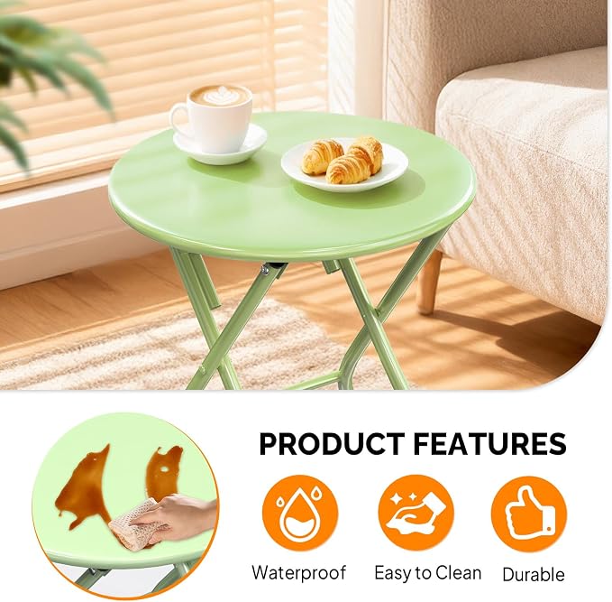 VINGLI Patio Metal Folding Side Table, Portable Small Outdoor Folding Round Table, Perfect for Indoor and Outdoor Spaces Like Balconies, Backyards, Porches, and Patios.Green（1 Pack）