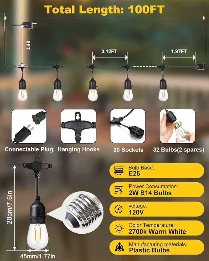 2W 100FT Outdoor String Light Commercial Grade with 32 S14 LED Bulbs | Shatterproof Dimmable Patio String Lights Heavy Duty Waterproof for Bistro Cafe Market 2700K