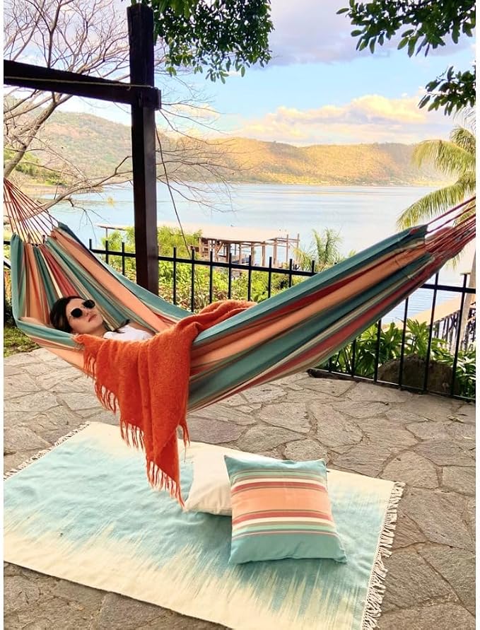 Pastel Striped Cotton Hammock for Indoor or Outdoor Use – 90x50 Inches, 250 lbs Capacity, Bohemian Style for Patio, Porch, Poolside, Deck, Living Room
