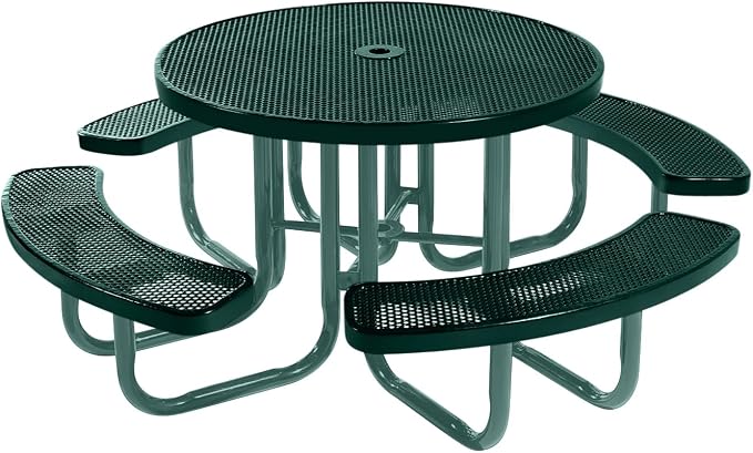 COATEDOUTDOORFURNITURE Heavy-Duty Portable Outdoor Picnic Table with Umbrella Hole, Punched Steel Commercial-Grade Patio Furniture Made in America (46" Round Top, Dark Green with Dark Green Frames)