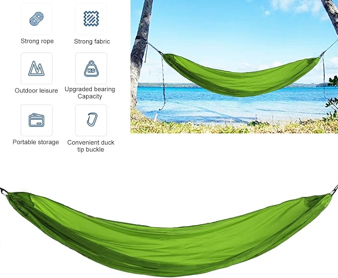 Portable Parachute Camping Hammock, Lightweight Outdoor Hammock with Aluminum Snap Hooks and Storage Bags, Compact Foldable Design for Hiking Backpacking Travel (Grass Green)