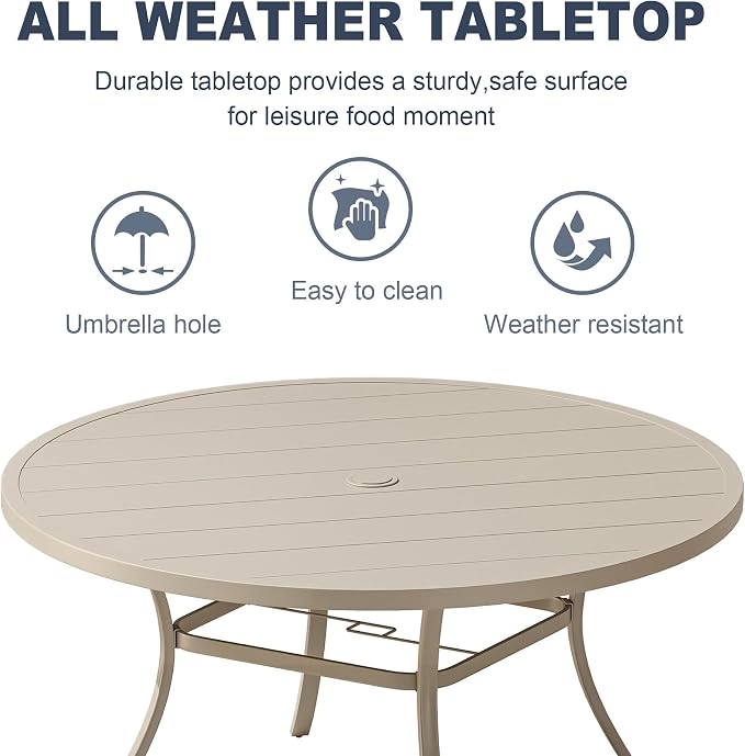 VICLLAX Patio 7 Pieces Outdoor Dining Set, Wrought Iron Metal Outdoor Table and Chairs Set, 50" Round Table with Umbrella Hole and 8 Stackable Chairs for Lawn, Garden, Porch, Sandshell