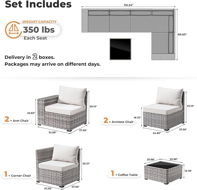 ovios 6 Pieces Patio Furniture Set, Outdoor Wicker Sectional Sofa with Coffee Table Comfy Cushions, Modern Modular Deep Seat Couch Rattan Conversation Set, Beige