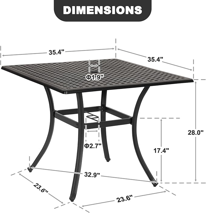 NUU GARDEN 35 Inch Square Cast Aluminum Outdoor Dining Table for 4 with Umbrella Hole and Mesh Top, Patio Table for Garden Backyard Poolside, Black with Gold Speckles