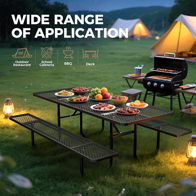 72 Inch Heavy Duty Picnic Table for Outdoors, Rectangular Camping Table with Benches and 1.78" Umbrella Hole, Commercial Grade Steel Frame, 2200 lbs Load Capacity, Black