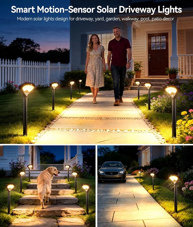 400LM Solar Pathway Lights Outdoor with Motion Sensor, 4 Pack | 3 Modes Security Solar Yard Lights, Larger Glass Panel, Waterproof Path Lights for Walkways, Garden, Patios, Driveways, Black