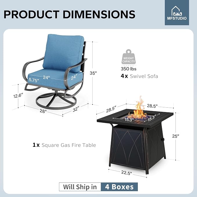 MFSTUDIO 5 Pieces Patio Conversation Sets, Outdoor Metal Furniture Sofas with 1 x 28 50,000 BTU Square Propane Gas Fire Pit Table and 4 x Steel Frame Patio Sofa Swivel Chairs with Navy Cushion