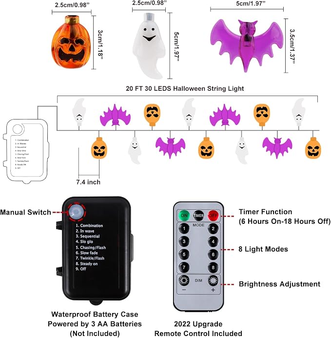 Mosoan Halloween Lights, 20Ft 30 LED Pumpkin Ghost Bat String Lights Battery Operated with Timer, 8 Light Modes Halloween Fairy Lights for Indoor Outdoor Party Home Yard Window Decor