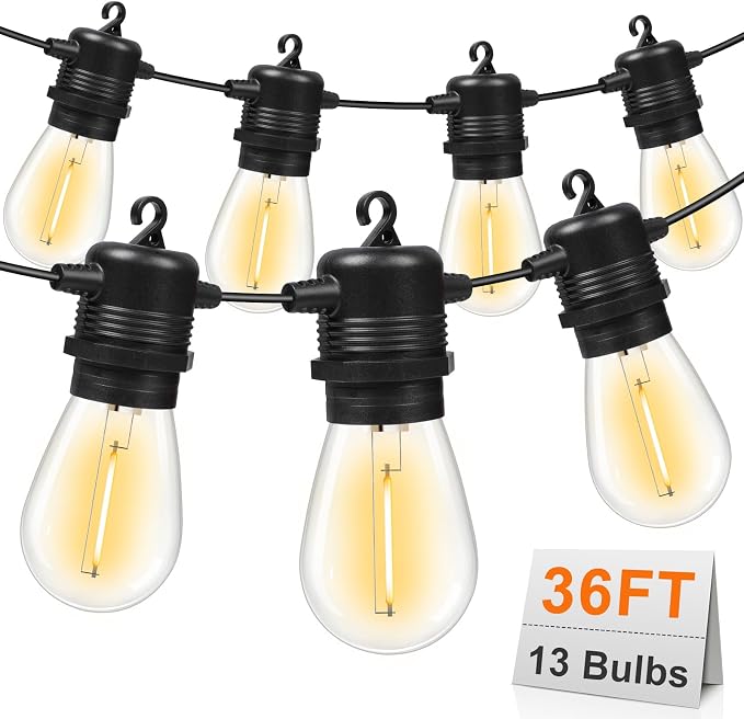 GvvooHome LED Outdoor String Lights 36FT Patio Lights with 13 Shatterproof S14 Replaceable Bulbs(1 Spare), Outside Hanging Lights Waterproof for Porch, Deck, Garden, Backyard, Balcony, 2700K Dimmable