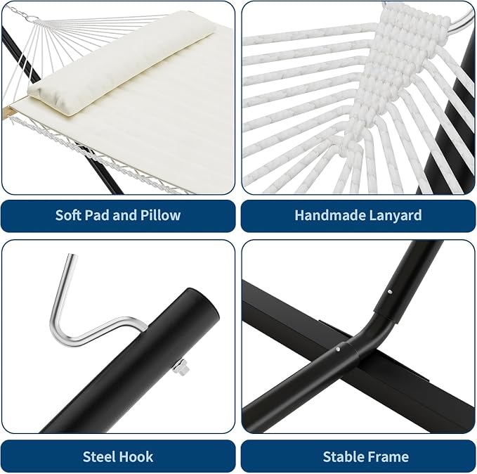 Double Hammock with Stand, Cotton Rope Hammock with Polyester Pad and Pillow, 450LBS Capacity,Large Hammock for Patio Backyard Poolside - Off White