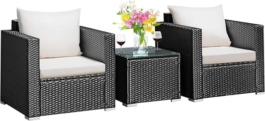 Tangkula 3 Pieces Patio Furniture Set, PE Rattan Wicker Sofa Set w/Washable Cushion and Tempered Glass Tabletop, Outdoor Conversation Furniture for Garden Poolside