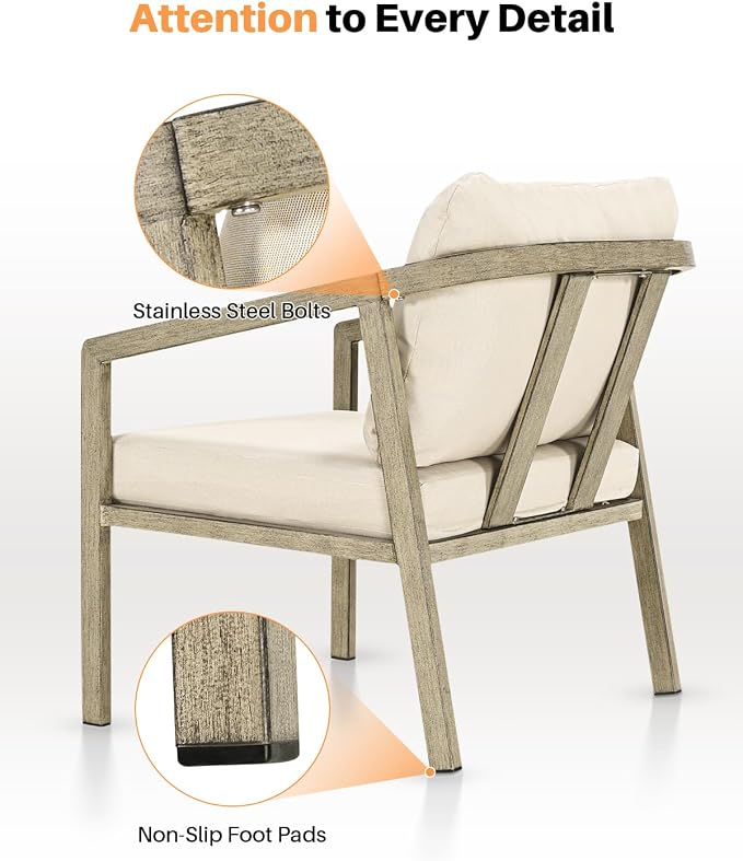 Patio Sofa Chairs Set of 2, Never-Rust Aluminum Outdoor Armchair with Thick Cushions, All Weather 2 Pieces Outdoor Club Chairs, Outdoor Sofa Chairs for Deck, Backyard, Porch, Gray Oak