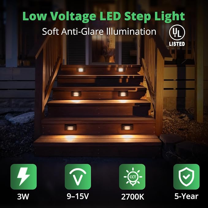 12V 3W Surface Mount Low Voltage LED Step Light with Horizontal Louvered Faceplate for Steps Decks Pathway Yard Stairs Fences, IP65 Rated for Outdoor Waterproof, for Wet Locations, 2 Packs