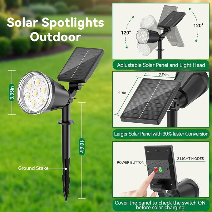 Solar Lights Outdoor Spot Light Waterproof: 1000LM Adjustable Cool White Spotlights - 2-in-1 15Hrs+ Bright Wall Spot Light - Solar Powered Landscape Spotlight for Garden, Yard, Tree, Flag