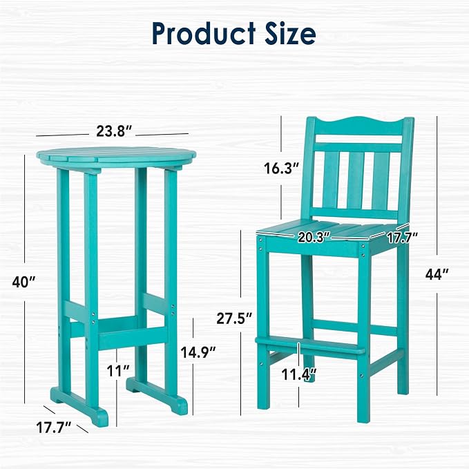 nalone 3 Pcs Outdoor Bar Table and Chairs Set, HDPE High Adirondack Chairs and Table Set, Outdoor Bar Stools Set for Garden, Yard, Backyard Balcony
